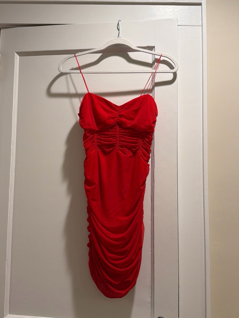 superdown Red Ruched Mini Dress with Spaghetti Straps